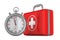 First aid kit and stopwatch on white background. Isolated 3D ill