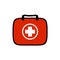 First aid kit for travel purposes symbol. Red bag with a medical cross.