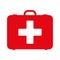 First aid kit. White first aid kit isolated on blue background. Health, help and medical diagnostics concept. Flat design.