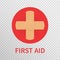 First aid sign isolated on transparent background. Red circle with adhesive plaster cross. Medical and pharmacy symbol. First aid