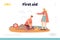 First aid to drowning concept landing page with beach lifeguard doing artificial respiration woman