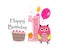 First birthday greeting card. Cute pink owl, balloon and birthday cake vector background