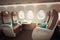 first-class airplane cabin, with comfortable seats and sleek design, ready for takeoff