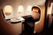 first-class cabin, with luxury seating and top-notch service, on international flight