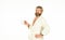 But first coffee. Handsome man bearded guy in bathrobe or drinking coffee. Guy enjoy caffeine beverage white background