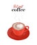 But first coffee vector sketch. Modern food illustration. Hot drink with heart in red cup print. Wall cafe poster template.