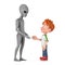 First Contact Concept. Scary Gray Humanoid Alien Friendship with Cartoon Little Boy Teen Person Character Mascot. 3d Rendering