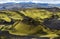 First craters of Southwestern part of Lakagigar volcanic fissure from Laki volcano in South of Iceland. Green-yellow colored