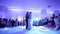 First dance of stylish wedding couple. Handsome groom and elegant bride in the restaurant