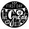 First day of first grade lettering calligraphy white phrase on black ellipse. Decorative school signs sticker. Vector flat design