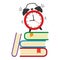 First day of school, Back to school. Alarm clock and pile of books. Vector illustration