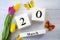 First day of Spring and springtime equinox concept theme with block calendar set on March 20, two yellow tulips and one pink tulip