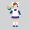 First grader girl with flowers in retro school uniform