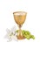 First holy communion. Gold chalice with communion, lilly and winegrape. White background.