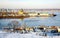 First ice on the river Oka and Cathedral Nevsky Nizhny Novgorod