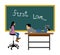 First love concept. Young boy and girl in classroom. Togetherness in front of blackboard.