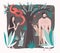 First people. Vector illustration lost paradise flat style. Adam and Eve in garden of eden with snake, animal, apple