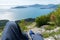 First person perspective sightseeing of adriatic coast in Budva, Montenegro. Legs with blue sneakers of a traveler in a cliff with