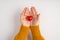 First person top view photo of woman`s hands holding little red heart on palms on  white background