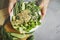 First person view on a dish with raw buckwheat sprouts, broccoli, sticks of asparagus beans, cucumber, avocado, spinach and seeds