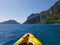 First person view of kayaking in tropical waters between islands in The Philippines