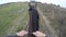 First person view of riding a horse. Point of view of rider walking at stallion at nature. Pov motion. Close up