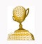 First place golden award cup with polygonal grid on white background. Vector