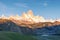 First rays of sun at sunrise over Mount Fitz Roy or Cerro Chalten. Chile