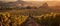 The first rays of the sunrise illuminate a lush vineyard, with rows of grapevines standing tall amidst the pastoral