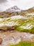 First snow in Alps touristic region. Fresh green meadow with rapids stream. Peaks of Alps mountains in background.