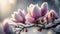 First spring flowers. Blooming Magnolia flowers covered snow with blurry bokeh and sparkling detail. Ai generated art