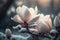 First spring flowers. Blooming Magnolia flowers covered snow with blurry bokeh and sparkling detail. Ai generated art