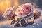 First spring flowers. Blooming Rose flowers covered snow with blurry bokeh and sparkling detail. Ai generated art