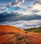 First sunlight glowing foggy walley in Caucasus mountains, Koruldi lakes location.