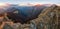 The first sunlight on the mountains. Colorful sunrise. The crest of the Mala Fatra (Little Fatra) mountain range.