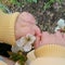 For the first time in his life a child tries to touch the flowers of an Apple tree