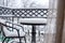 The first white fluffy snow on the table and chairs on the wrought-iron balcony. Fabulous winter