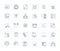 Fiscal figures linear icons set. Budget, Revenue, Expenditure, Deficit, Surplus, Income, Taxes line vector and concept