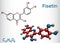 Fisetin molecule. It is plant flavonol from the flavonoid group of polyphenols. Structural chemical formula and molecule model