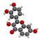 Fisetin plant polyphenol molecule. 3D rendering. Atoms are represented as spheres with conventional color coding: hydrogen white