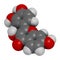 Fisetin plant polyphenol molecule. 3D rendering. Atoms are represented as spheres with conventional color coding: hydrogen white