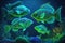 Fish background in blue and green neon colors. Shoal of fish pattern