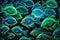 Fish background in blue and green neon colors. Shoal of fish pattern