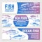 Fish banners. River and ocean sketch fishes seafood packaging vector labels