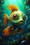 A fish with big eyes swimming deep in the world spell icon illus