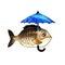 Fish with blue umbrella, isolated, cartoon character, concept, hand drawn watercolor illustration on white
