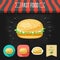 Fish burger icon on a chalkboard. Set of icons and eco label. Flat design. Vector