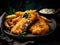 Fish and chips with mayonnaise sauce and parsley on dark background