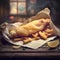 Fish and chips on a wooden table. Vintage style toned picture