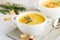 Fish cream soup with Salmon, cheese, Potatoes and herbs